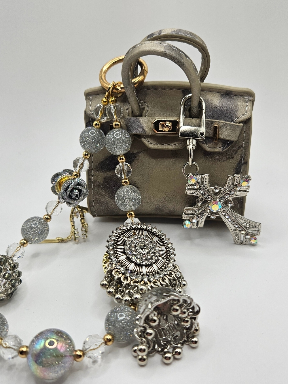 Mini Bag With Crystal and Rhinestone Beaded Bag Charm - Silver Sparkle